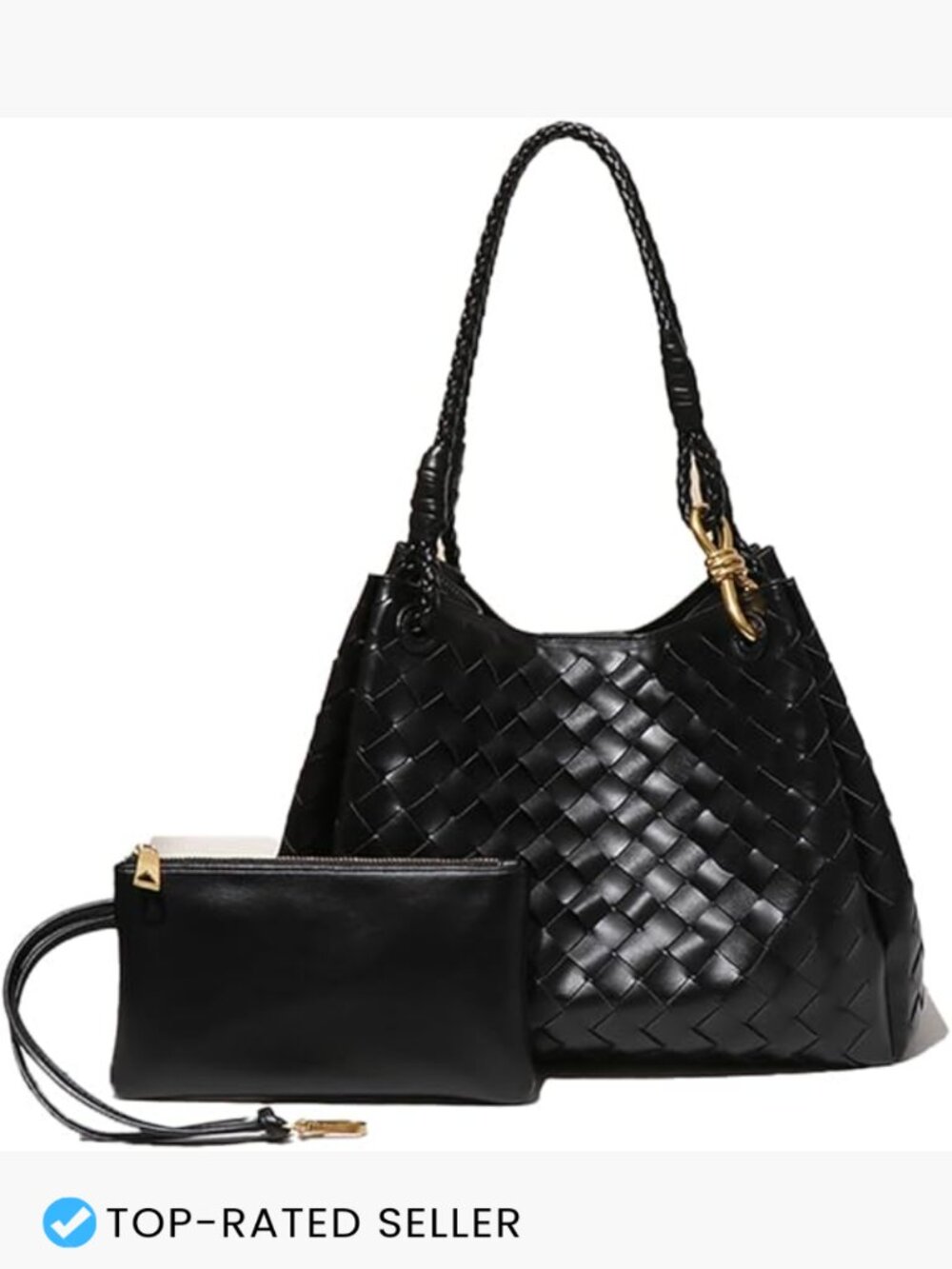 Slouchy PU Leather Woven Bucket Hobo Bag Crossbody Shoulder Tote Purse Set